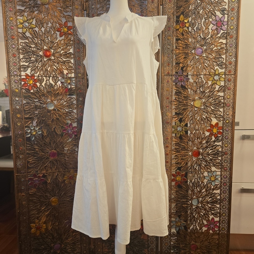 Label Of Love Womens Sleeveless Ruffled V-Neck Boho Midi Dress White Size Large